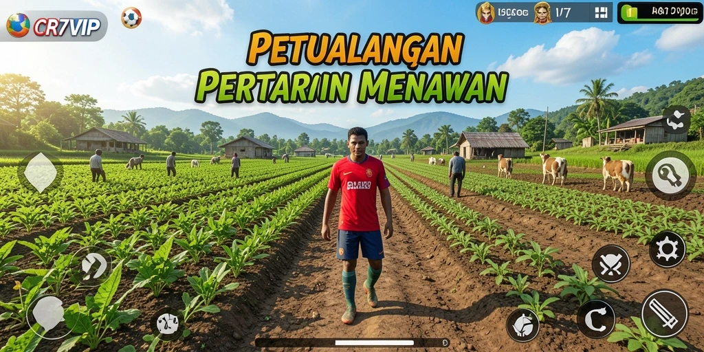 Tampilan gameplay <strong>CR7VIP</strong> yang menampilkan lahan pertanian subur dan aktivitas bertani.