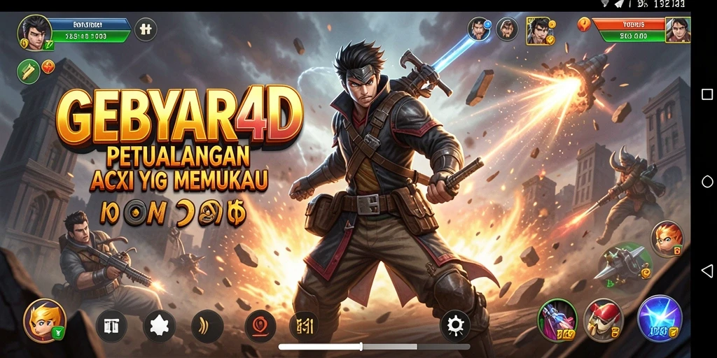 Screenshot utama GEBYAR4D menampilkan aksi intens dalam pertempuran.