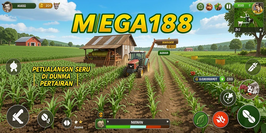 Screenshot utama MEGA188 menampilkan ladang yang indah dan aktivitas bertani.